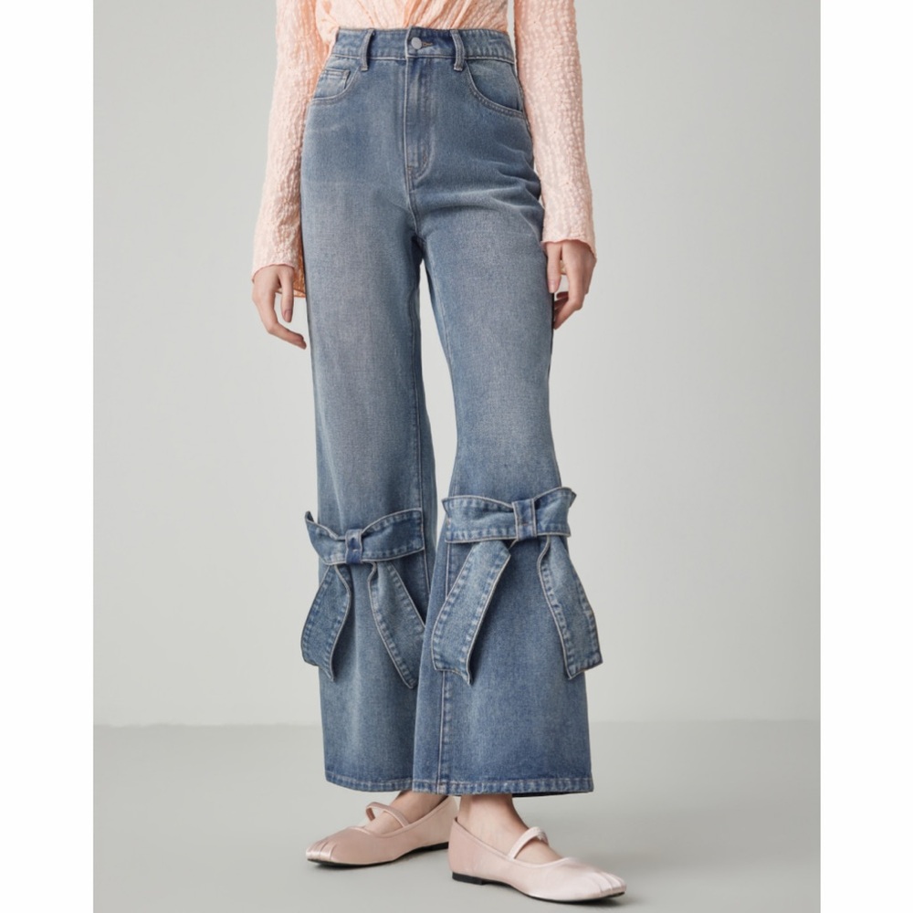 CIDER Denim Mid Waist Solid Bowknot Flared Jeans
 - NWT